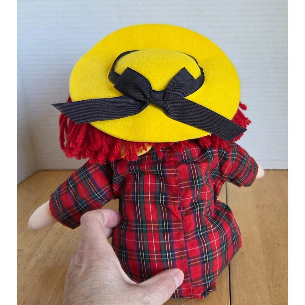 Vintage Eden Toys Madeline Rag Doll Red Yarn Hair Plaid Dress Yellow Hat 15 inch